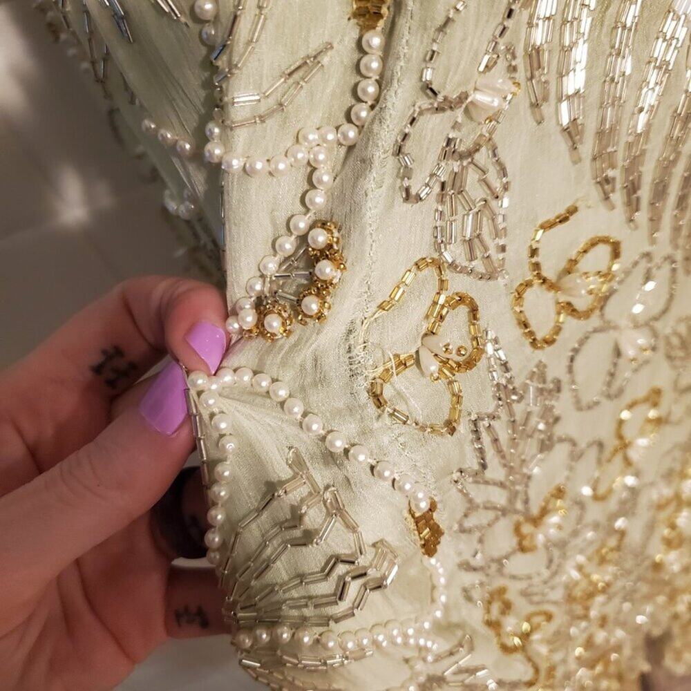 Vintage 1970s Retro Green Silk Floral Palm Leaf Gold Beaded Maxi Dress - Picture 7 of 15